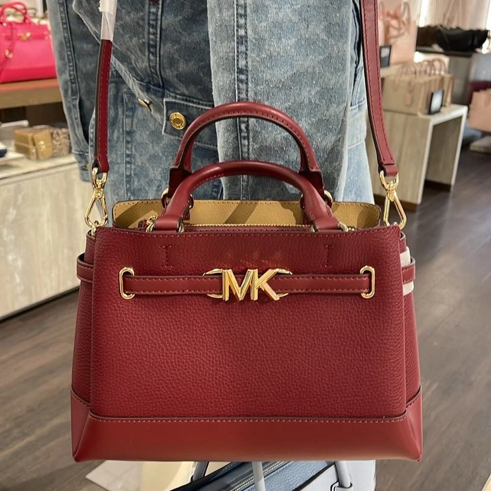 Michael Kors Reed Small Dark Cherry Leather Center Zip Belted Satchel Purse  NWT